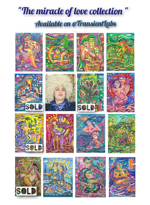 This image showcases "The miracle of love collection," a series of vibrant and surreal art prints available on @TransientLabs. The collection features a diverse array of artwork that plays with reality and fantasy, most of which have been sold, as indicated by the "SOLD" labels on several pieces. This body of work seems to celebrate the theme of love in various human and symbolic forms.