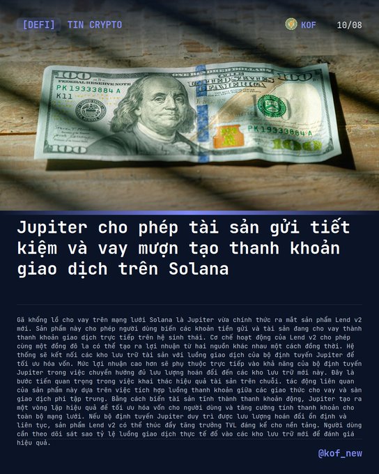 A Vietnamese news post from [DEFI] TIN CRYPTO dated 10/08 about Jupiter launching Lend v2, a money market product on Solana allowing asset deposits for interest and borrowing for liquidity.