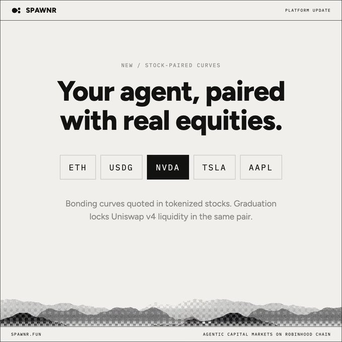 A minimalist announcement page for SPAWNR ('Platform Update') with the headline 'Your agent, paired with real equities,' showcasing ticker buttons for ETH, USDG, NVDA, TSLA, and AAPL on a stock-paired curve interface.
