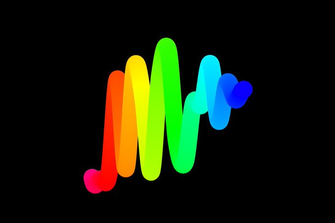 A stylized rainbow-colored waveform or wave logo on a black background, resembling a sound wave or signal.