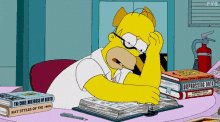 urn of water on a desk, Homer Simpson with glasses and book, fire extinguisher, and red and white striped shirt.