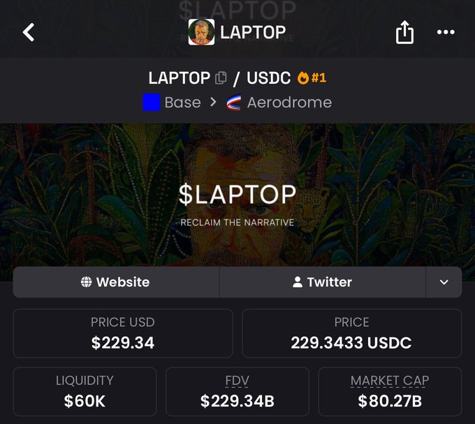 A trading page for $LAPTOP/USDC on Aerodrome (Base network) shows a price of $229.34 with a $229.34B FDV and $60K liquidity, illustrating the satirical post's point that the token's absurd fully diluted valuation is wildly disproportionate to its actual market cap and liquidity—mocking snipers who bought into the meme coin.