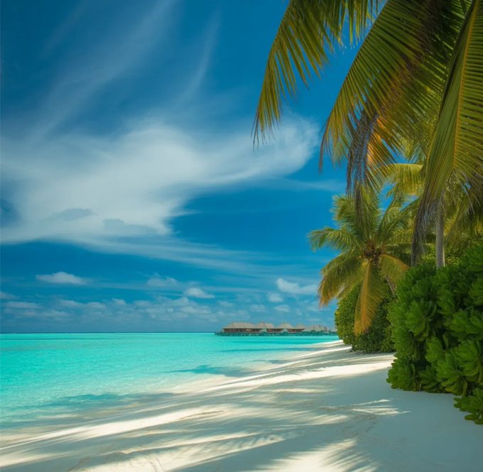 The image shows a beautiful beach scene with palm trees, white sand, and clear blue water. There are several small houses visible near the shoreline, suggesting that this location might be a vacation rental property or a resort. The photo appears to have been taken during the day under bright sunlight, creating a warm and inviting atmosphere for those who wish to enjoy the beachfront view.