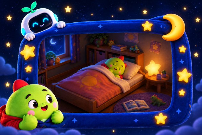 A whimsical, colorful illustration shows a green cartoon character sleeping peacefully in a cozy bedroom framed by a starry night sky, with a smiling robot and a cute green creature peeking from the corners.