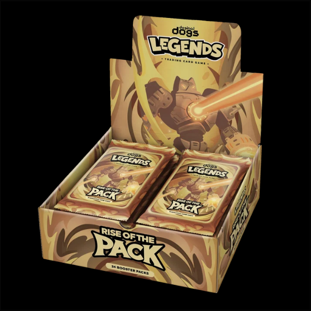 A display box of "Doginal Dogs Legends Trading Card Game - Rise of the Pack" booster packs, containing 24 packs, featuring artwork of a robotic dog firing an energy beam. The post suggests the collector couldn't resist purchasing another box from the Doginal Dogs TCG.