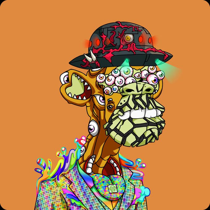 A surreal, grotesque cartoon character with a cracked hat, multiple bloodshot eyes, jagged yellow skin, a large grinning mouth, and a colorful psychedelic suit, set against an orange background.
