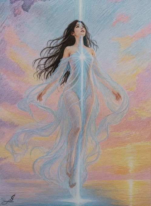 A colorful pencil illustration of a flowing ethereal woman in a translucent gown, with a beam of light emanating from her chest and eyes as she hovers above a sunset ocean, signed 'JS' in the bottom left corner.