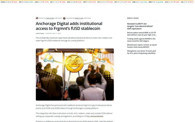 A news article screenshot with the headline 'Anchorage Digital adds institutional access to Frgnmnt's fUSD stablecoin,' featuring a photograph of people at an event with a 'fUSD' logo overlay.