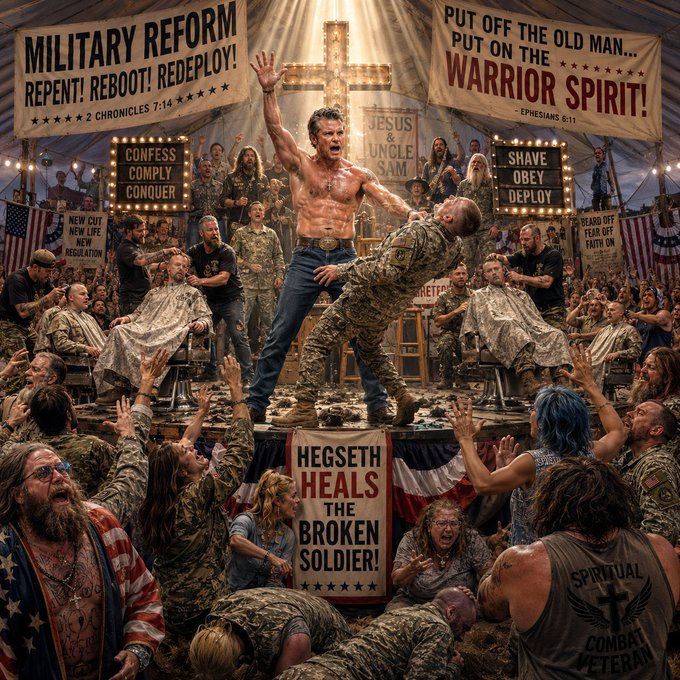 A chaotic AI-generated satirical scene depicts a tent revival-style event with banners reading 'MILITARY REFORM REPENT! REBOOT! REDEPLOY!', 'PUT OFF THE OLD MAN... PUT ON THE WARRIOR SPIRIT!', and 'HEGSETH HEALS THE BROKEN SOLDIER!'.