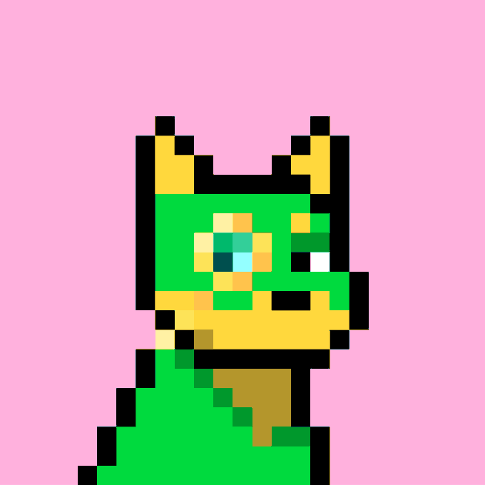 A pixel art image featuring a yellow and green creature or character with blocky features on a solid pink background.