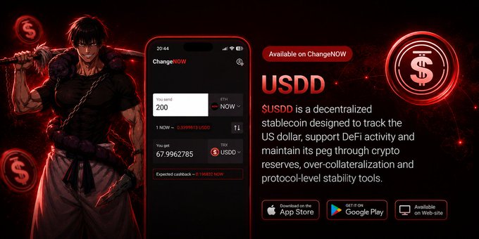 An advertisement for USDD cryptocurrency by ChangeNOW features an anime-style warrior character, the ChangeNOW app interface, and promotional text describing USDD as a decentralized stablecoin.