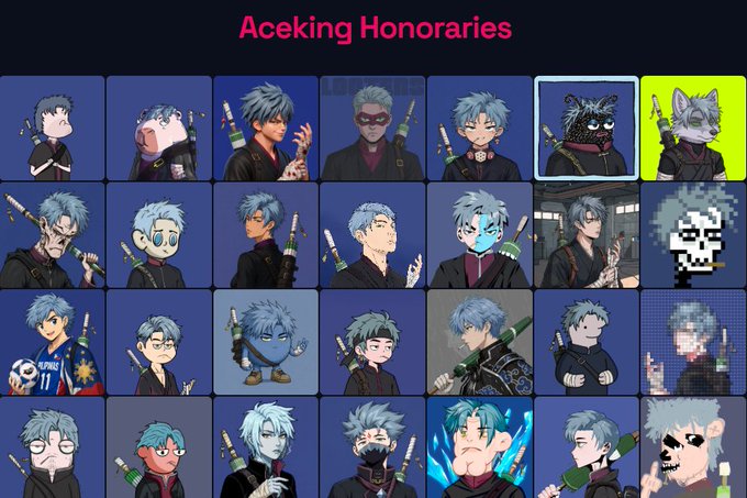 A grid of various illustrated portraits of a blue-haired character, titled "Aceking Honoraries" in red text at the top.