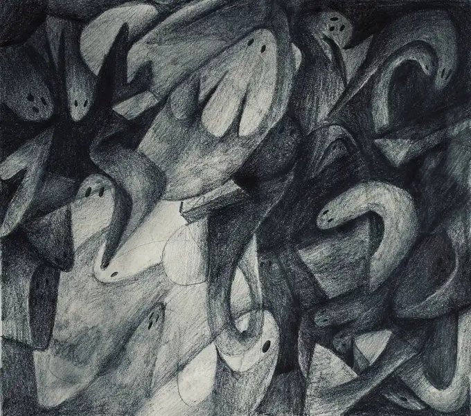A black and white abstract sketch featuring overlapping, fragmented faces and shapes in a cubist style.