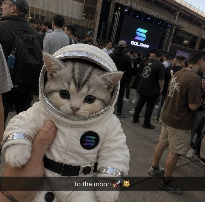 A cat stuffed toy dressed in a white astronaut suit with a Solana logo, held up at an event with 'SOLANA' displayed on a screen behind, captioned 'to the moon 🚀🐱'.