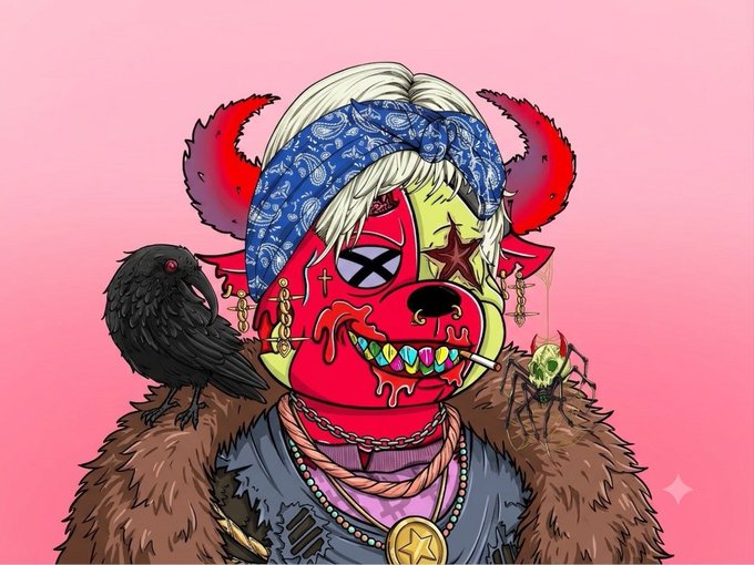 A vibrant digital illustration of a red, demonic humanoid character with blonde hair, a blue bandana, colorful teeth, a fur coat, and a black raven perched on its shoulder.
