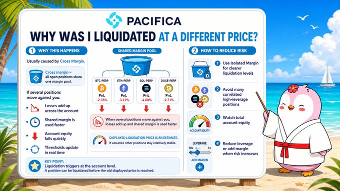 An educational infographic by Pacifica titled 'WHY WAS I LIQUIDATED AT A DIFFERENT PRICE?' explaining cross margin and shared margin pools (showing BTC-PERP, ETH-PERP, SOL-PERP, DOGE-PERP) and risk reduction tips, featuring a pink cartoon chick mascot in a karate gi.