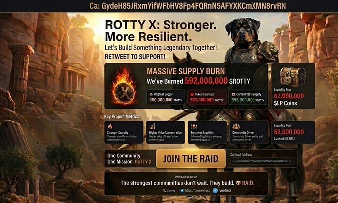 A promotional banner for the $ROTTY token features a warrior figure in an ancient ruin setting, highlighting key metrics: 592M $ROTTY burned, 950M supply, 358M circulating supply, and 62M SLP locked until 2031, with calls to "JOIN THE RAID" and the contract address "GydeH85JRxmYifWFbHV8Fp4FQRnN5AFYXKCmXMN8rvRN." The image visually reinforces the post's message of community-driven tokenomics and a massive supply burn event.