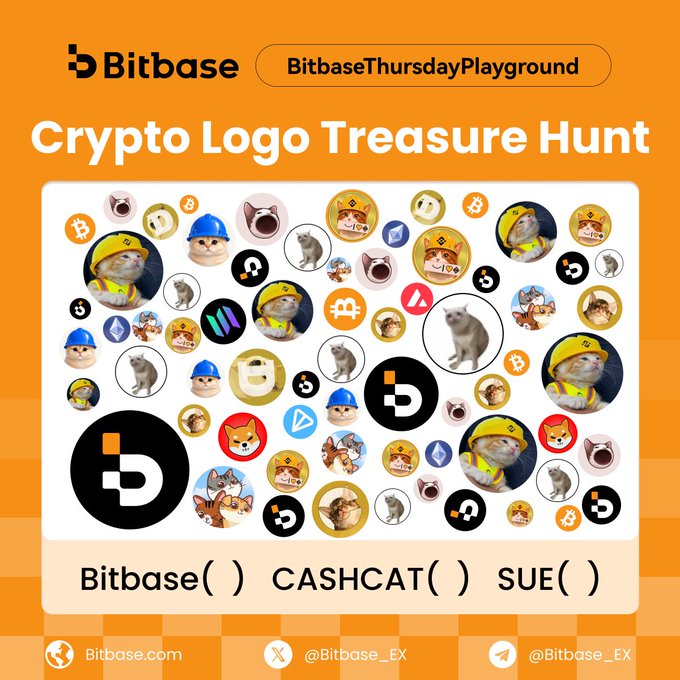 The image is a promotional graphic for Bitbase's "#BitbaseThursdayPlayground" featuring a "Crypto Logo Treasure Hunt" where users must count three specific cat meme tokens (Bitbase, CASHCAT, and SUE) hidden among various crypto logos including Bitcoin, Ethereum, and Solana icons. The orange-themed contest invites participants to follow @Bitbase_EX, like, retweet, and comment with their correct count for a chance to win one of three 50 USDT prizes.