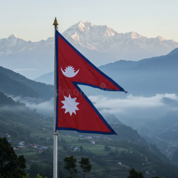 The image shows the distinctive double-pennant flag of Nepal waving in the foreground, with snow-capped Himalayan mountains visible in the background. This relates to the post about Solana auctioning ad spots on its logo, with proceeds going to Nepal flood relief, as the flag symbolizes the country receiving humanitarian support.