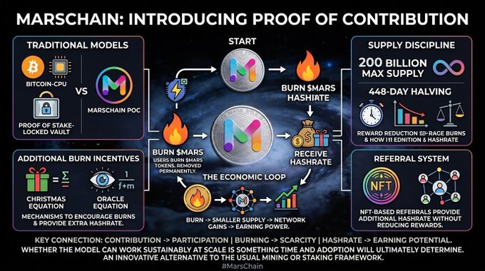 An infographic titled 'MARSCHAIN: INTRODUCING PROOF OF CONTRIBUTION' outlines a cryptocurrency economic model featuring Bitcoin-CPU, Proof of Stake-Locked Vault, $MARS token, a 200 Billion Max Supply with 448-Day Halving, Christmas Equation, Oracle Equation, and an NFT-based Referral System.