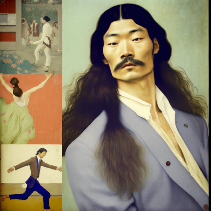 A stylized portrait of a man with long dark hair and a mustache wearing a lavender jacket, accompanied by smaller inset images on the left depicting various figures in motion and classical poses.