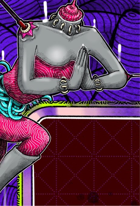 A stylized anime illustration of a figure in a praying pose with gray skin, pink hair, and a candle on its head, set against a purple patterned background.
