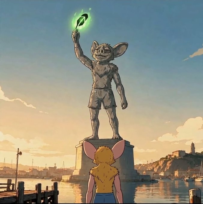 An illustrated scene shows a large bat-like humanoid statue standing on a pedestal by the waterfront, raising a glowing green feather in triumph, while a smaller yellow-furred character gazes up at it from below. The image satirically envisions $HOODRAT as a celebrated monument akin to a civic landmark, mocking the hype culture of the 2021 memecoin season when tokens like this would reach massive valuations.