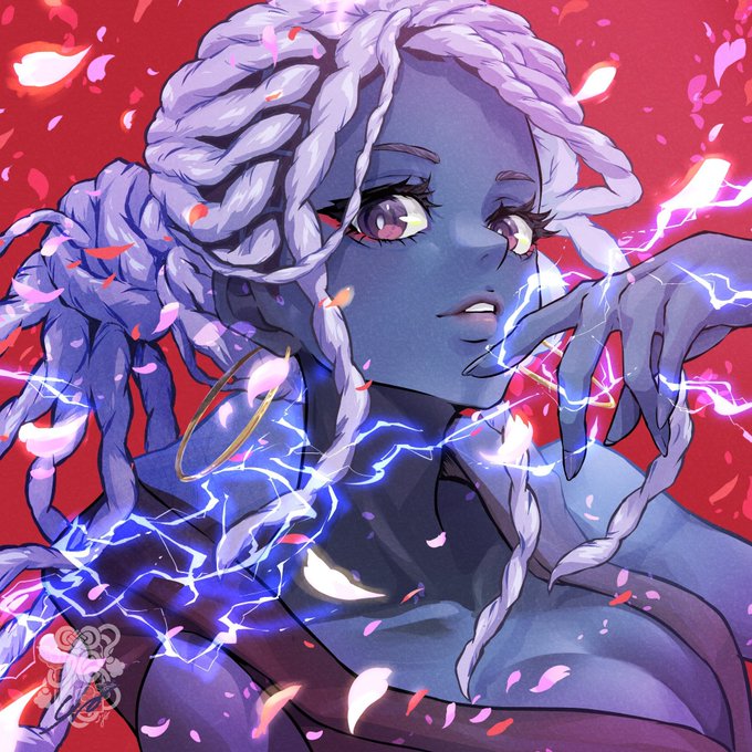An anime-style illustration of a blue-skinned character with white dreadlocks, yellow eyes, and lightning effects across the body, set against a red background with falling pink petals.