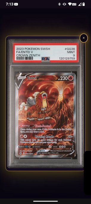 A graded 2023 PSA 9 Pokémon card, 'Crown Zenith FA/Entei V' #GG36, is displayed in a protective slab, showing the Entei V card with its '230' HP and ability details.