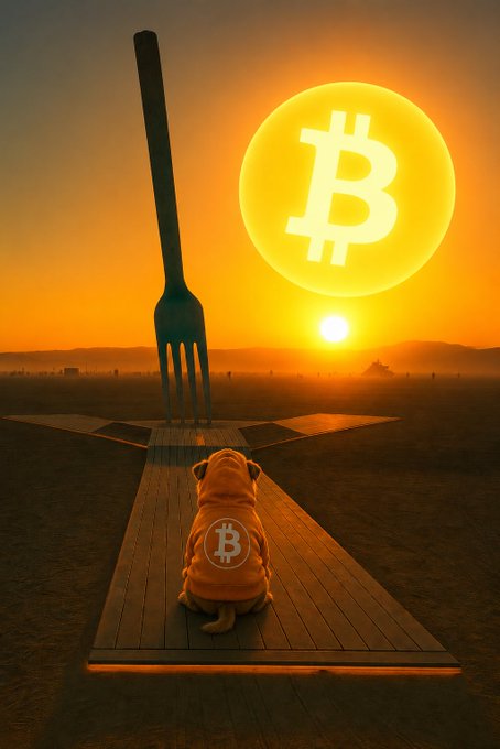 A surreal digital artwork depicts a dog in a Bitcoin hoodie sitting on a picnic table with a giant fork, gazing at a setting sun shaped like the Bitcoin logo.