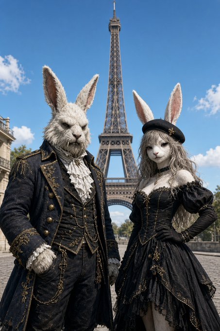 Two anthropomorphic rabbit characters in elaborate black Victorian-style attire standing in front of the Eiffel Tower in Paris.