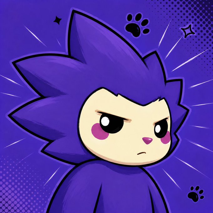 A chibi-style cartoon character with spiky purple fur, cat-like ears, a small pink nose, and an angry expression stares forward against a purple comic-style background with paw print motifs. The image visually represents "$CHOG," the cat-hedgehog hybrid meme coin described in the post, showcasing its distinctive feline features and fierce demeanor as a Monad ecosystem play.