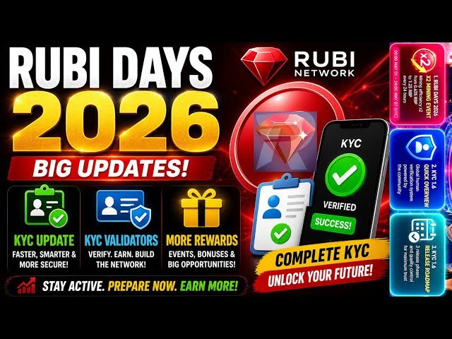 The image is a promotional graphic for "Rubi Days 2026" by Rubi Network, announcing "BIG UPDATES!" with features like a faster KYC update, KYC validators to "verify, earn, build the network," and more rewards including events and bonuses. It relates to the post by showcasing the surprise updates Rubi Network has prepared for miners, highlighting KYC verification improvements and new earning opportunities.