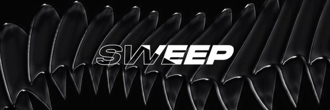 A black, textured background featuring a glossy, ribbed pattern with the text 'SWEEP' displayed in a stylized font in the center.