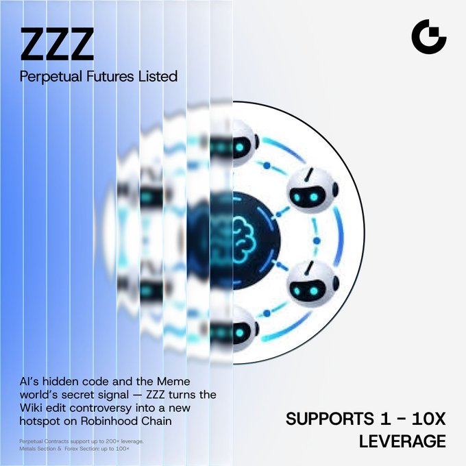A Gate Futures promotional graphic announcing the new listing of $ZZZ perpetual futures on the platform, featuring AI-themed robot imagery and text noting that trading supports 1–10x leverage and has begun for the $ZZZ/USDT pair on Robinhood Chain.