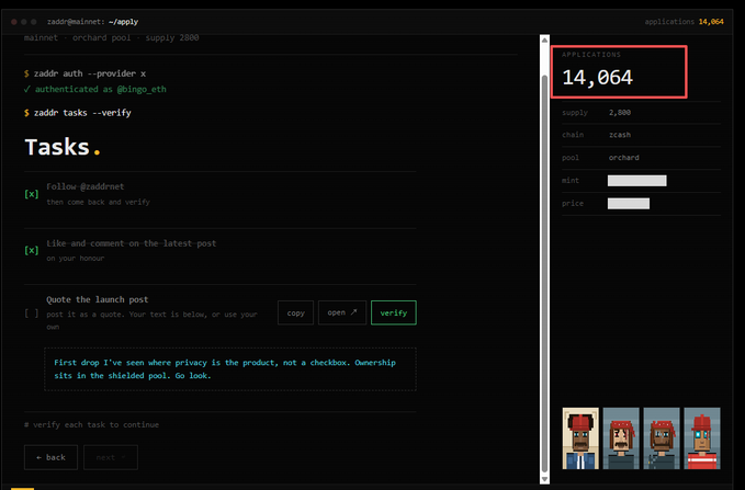 A screenshot of a terminal application for zaddr tasks with 14,064 applications, showing a 'Tasks' interface with options to follow, like/comment, and quote a launch post on raddit pool.