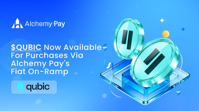 Promotional graphic from Alchemy Pay announcing '$QUBIC Now Available For Purchases Via Alchemy Pay's Fiat On-Ramp' with the Qubic logo featured prominently.