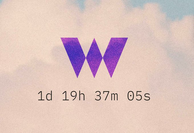 A stylized, gradient purple and pink 'W' logo displayed against a cloudy sky background, with a countdown timer reading '1d 19h 37m 05s' below it.