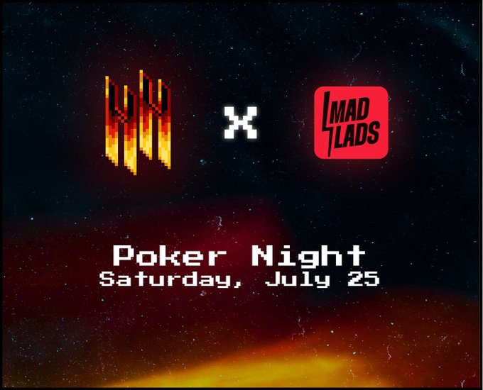A promotional graphic for "Poker Night Saturday, July 25" featuring logos and a space/cosmic background.