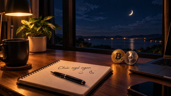 A cozy nighttime desk scene features a notebook with 'Chúc ngủ ngon' written in cursive, accompanied by a smiling face and crescent moon drawing, next to a pen, a coffee mug, a potted plant, and physical Bitcoin and Ethereum coins, with a lake and crescent moon visible through the window.