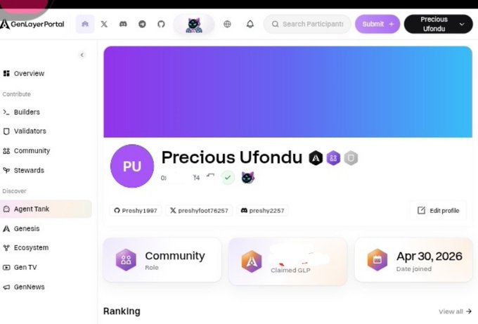The image shows a user profile on the GenLayer Portal for "Precious Ufondu" (username "preshy2257"), featuring a colorful gradient banner and stats including a Community role and an April 30, 2026 join date. It illustrates the user's progress on the platform, connecting to their caption about beginning their GenLayer journey through the Internet Court Special Quest and earning 1,000 points as a first contribution.