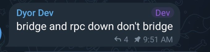 A Telegram message from 'Dyor Dev' with a 'Dev' badge reads 'bridge and rpc down don't bridge', sent at 9:51 AM.