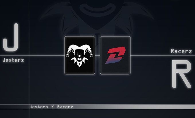 The image features a poster for two racing companies, Jester's Racing and Racerz Racing. The poster has a black background with white text that reads "Jester's X Racers" at the top and "Racerz x R". Below this, there is a red logo with a jester face on it. The poster also includes information about the two racing companies, such as their logos and contact details.
