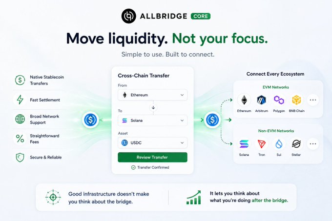 An informational webpage for "ALLBRIDGE CORE" with the headline "Move liquidity. Not your focus," showing a cross-chain transfer interface from Ethereum to Solana using USDC, and listing supported EVM and Non-EVM Networks.