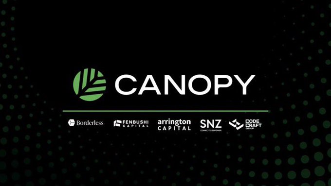 A black graphic displays the 'CANOPY' logo in white with a green circular emblem, beneath which are listed partner logos: Borderless, Fenbushi Capital, Arrington Capital, SNZ, and Code Craft.