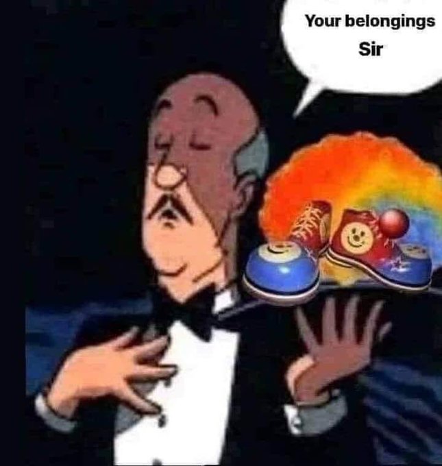 A cartoon image, possibly from Dexter's Laboratory, showing a bald butler character holding a tray of items (shoes, basketball, cards) with a speech bubble reading 'Your belongings Sir'.