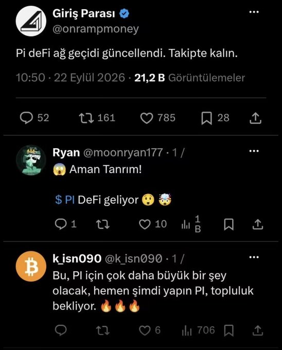 A Turkish-language Twitter/X post from @onrampmoney (Giriş Parası) dated September 22, 2026, announcing an update to the Pi DeFi network, with replies from users excited about '$PI DeFi' launching.