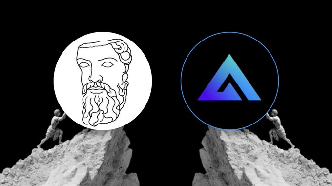 A split image shows two tiny figures climbing rocky peaks, with a stylized bearded face in a white circle on the left and the blue triangular GMX logo on the right, symbolizing GMX joining the Verus platform. The imagery reflects the post's announcement of GMX integration into Verus, where traders can climb to better execution as Verus routes perp orders across multiple venues for optimal liquidity and fills.
