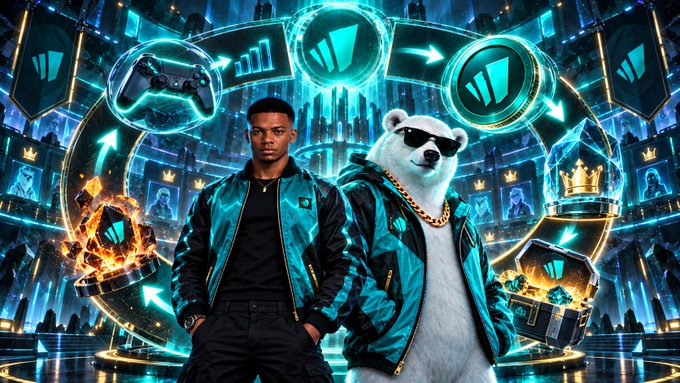 A digital artwork showing a young man in a teal jacket standing next to a polar bear wearing sunglasses and a gold chain, set against a vibrant, tech-themed background with various digital icons.