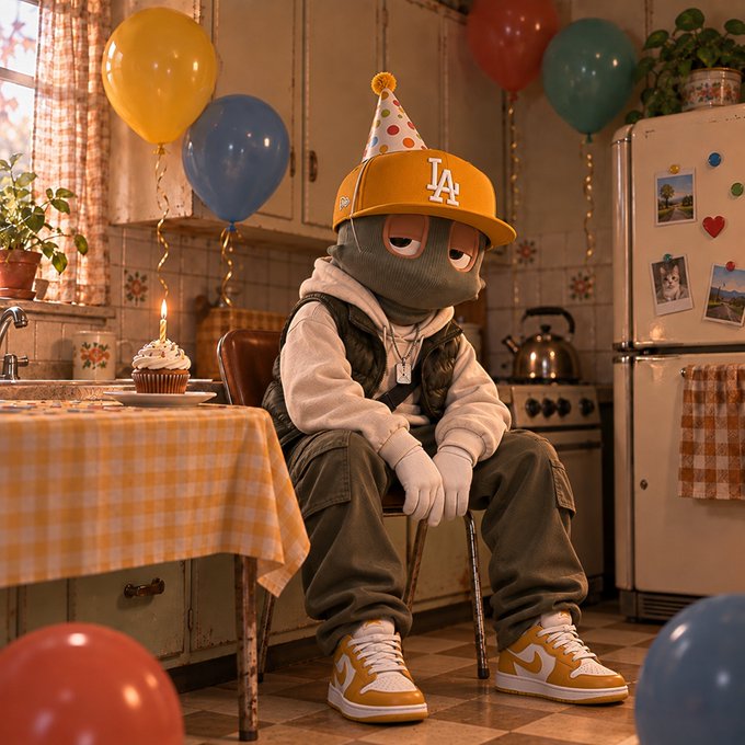 A person wearing a yellow 'LA' Dodgers cap, a birthday hat, and a gray face mask sits alone in a kitchen chair in front of a cupcake with a single lit candle, surrounded by balloons.